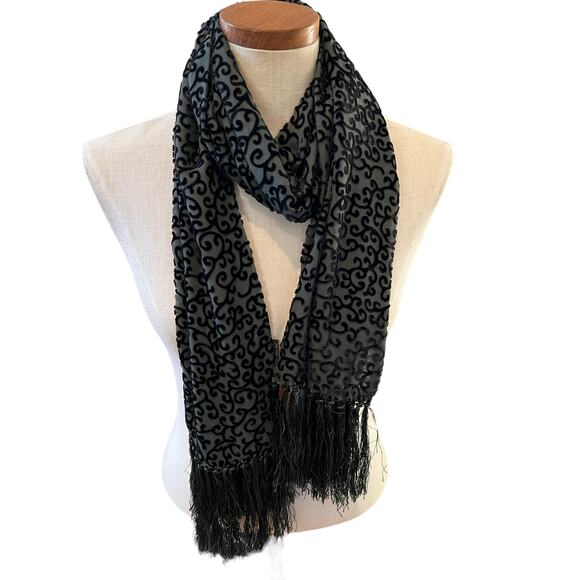 Cejon Velvet and silk rectangular fringed scarf Charcoal Grey Black - Picture 1 of 4